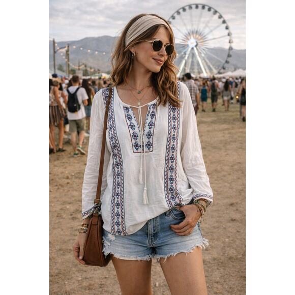 Lucky Brand Oversized Gauze Tunic Top SIzeXS Boho Embroidered Cottagecore Resort - Picture 1 of 11
